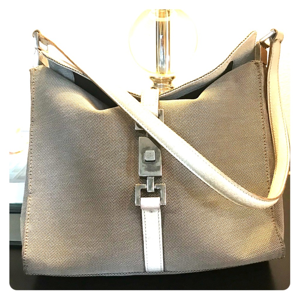 Authentic Gucci Beige Canvas & White Leather Purse